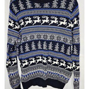 Aspen Men's Fair Isle Reindeer Christmas Sweater Navy Blue White Medium